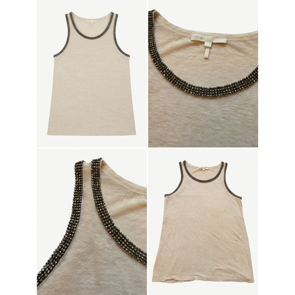 Maje Beige Chain Trim Sleeveless Tank Top Women Scoop Neck